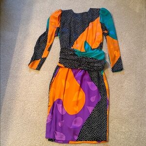 Vintage 80’s Saint Romei 100% SILK black, orange polka dot dress - 4